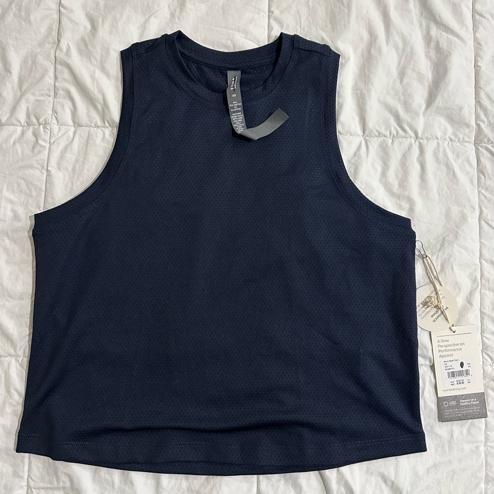 Vuori Ink Micro Mesh Tank, color is dark navy blue almost black
